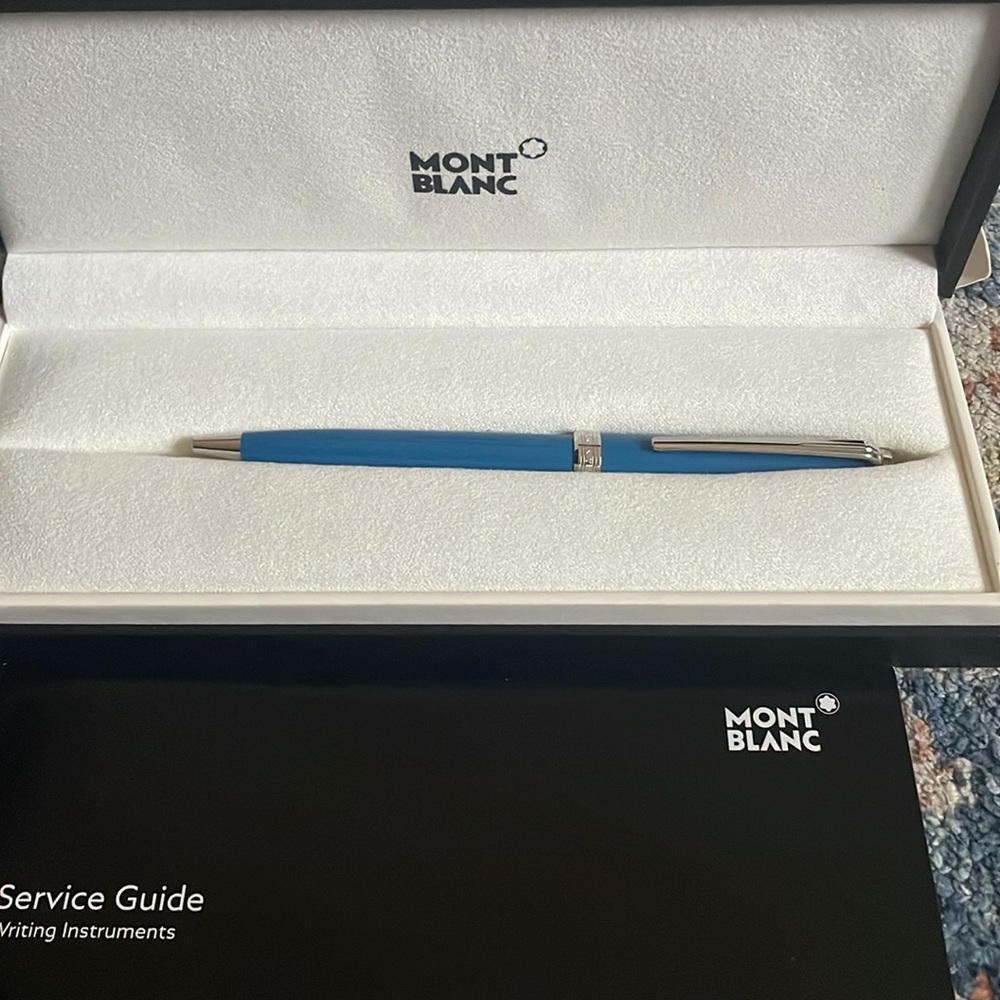 Brand new, never used, blue (teal) Mont Blanc pen